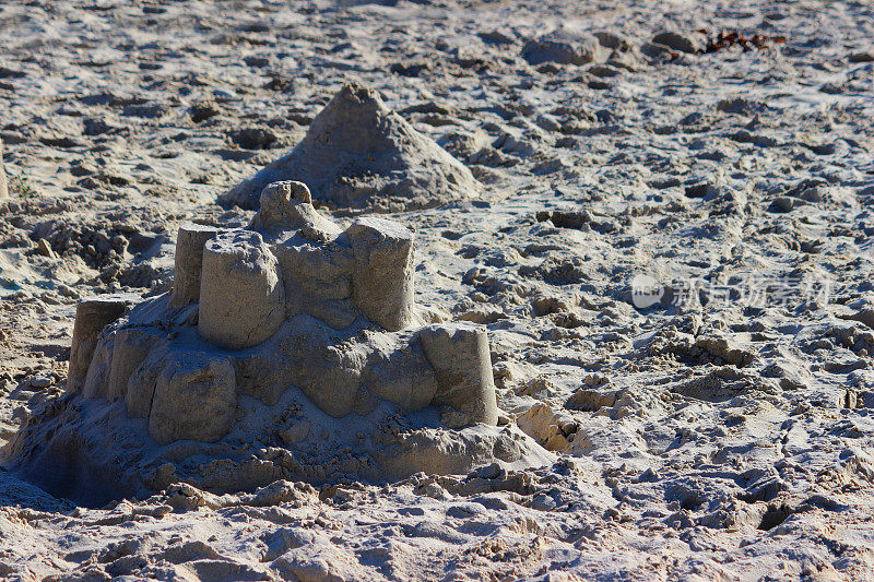 孩子们在沙滩/海边的沙堡，暑假